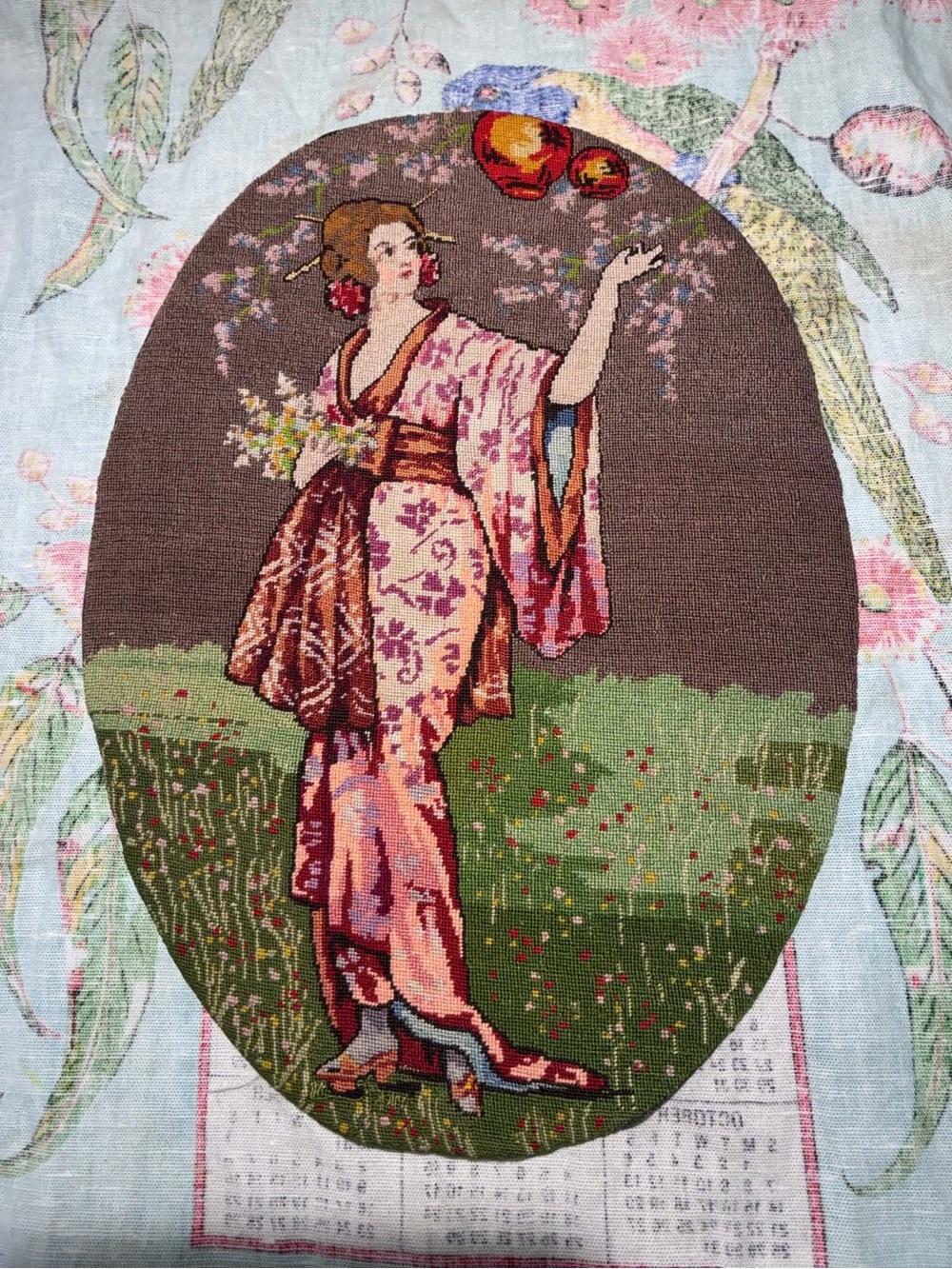 Vintage-Style Floral Kimono Woman Tapestry Art Print - Pink and Brown